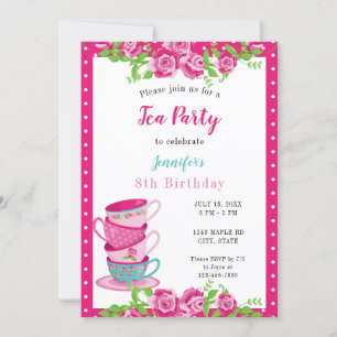 Birthday Tea Party Pink Floral Cups Cute Whimsical Invitation