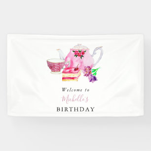 Birthday Tea Party Welcome Watercolor Cute Pink Banner