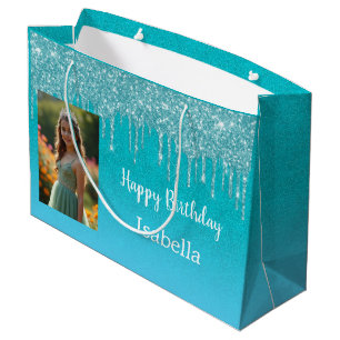 Birthday teal blue glitter drips photo large gift bag