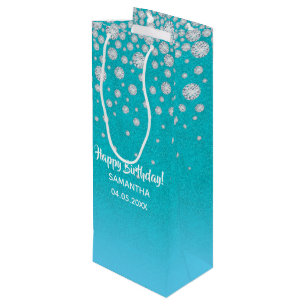 Birthday teal blue green glitter name wine gift bag