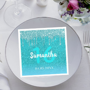 Birthday teal glitter blue green aqua monogram napkin