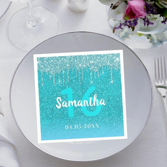 Birthday teal glitter blue green aqua monogram napkin (Creator Uploaded)