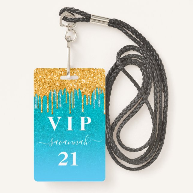Birthday teal gold glitter blue vip invitation ID badge (Front with Lanyard)