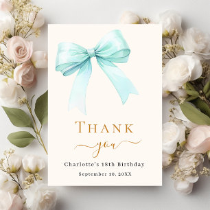 Birthday teal green bow cream thank you card
