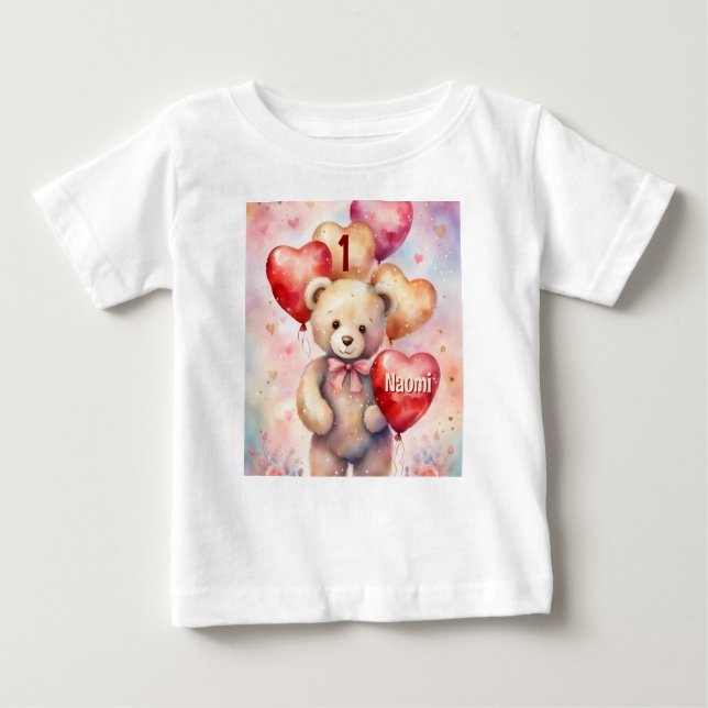Birthday Teddy Bear add Name & Age Little Girl's Baby T-Shirt (Front)