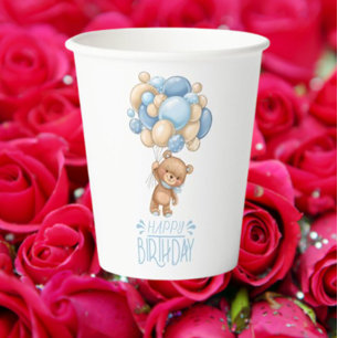 Birthday Teddy Bear Boy Blue Balloons Paper Cups