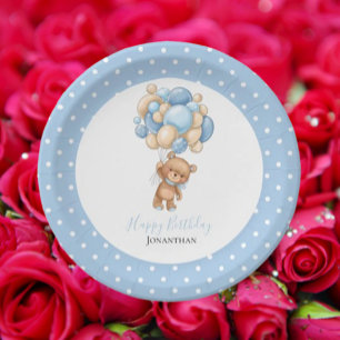 Birthday Teddy Bear Boy Blue Balloons  Poke Dots Paper Plate