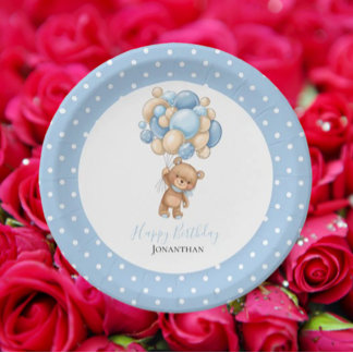 Birthday Teddy Bear Boy Blue Balloons  Poke Dots Paper Plate