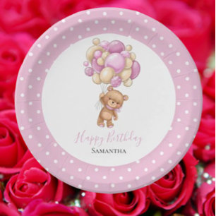 birthday Teddy Bear Girl Balloons Pink Dots Paper Plate