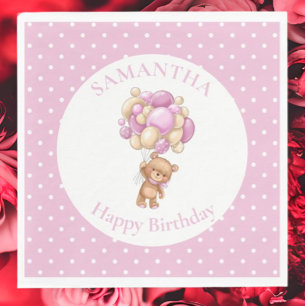 Birthday Teddy Bear PINK Balloons   Napkin