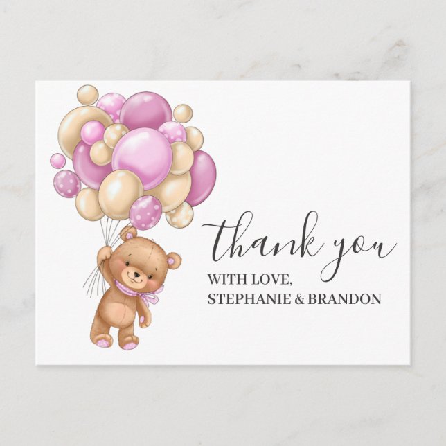 Birthday Teddy Bear PINK Balloons Thank You  Card (Front)