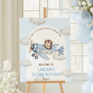 Birthday Teddy Bear Plane Welcome Sign