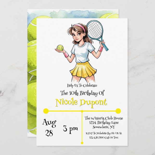 Birthday Tennis Ball Girl Celebration  Invitation (Front/Back)