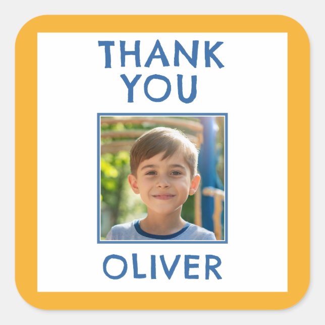 Birthday Thank you Kids Name & Photo  Square Sticker (Front)