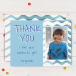 Birthday Thank you Kids Photo Postcard Blue Boys<br><div class="desc">Personalizable birthday thank you postcard for boys with photo and text I love your wonderful gift. Personalizable birthday thank you card for your friends and family. Upload your photo and personalise the postcard with your name and text. The postcard has blue waves on the front and the back side. Great...</div>