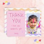 Birthday Thank you Kids Photo Postcard Pink Girl<br><div class="desc">Personalizable birthday thank you postcard for girls with photo and text I love your wonderful gift. Cute pink birthday thank you card for your friends and family. Upload your photo and personalise the postcard with your name and text. The postcard has colourful stars and waves on the front and the...</div>