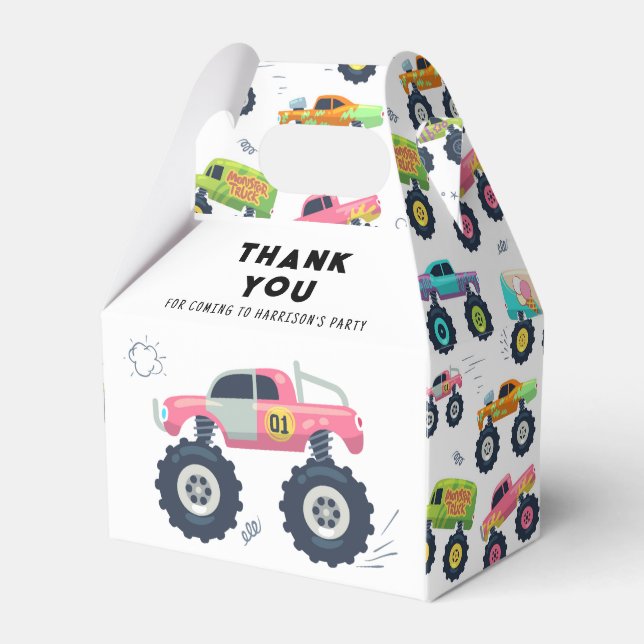 Birthday Thank You Modern Kids Monster Car Trucks Favour Box (Front Side)