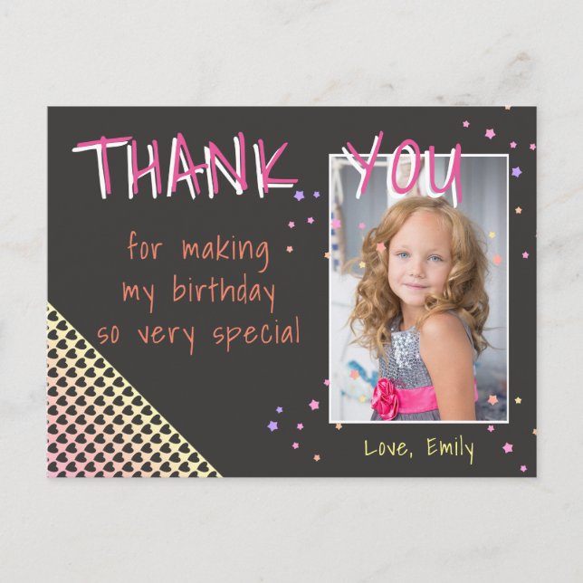 Birthday Thank you Photo card Heart and Stars Girl (Front)