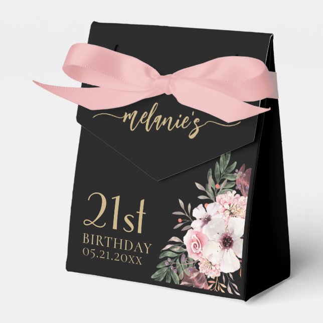 Birthday Thank You Pink Flowers Black Favour Boxes (Front Side)