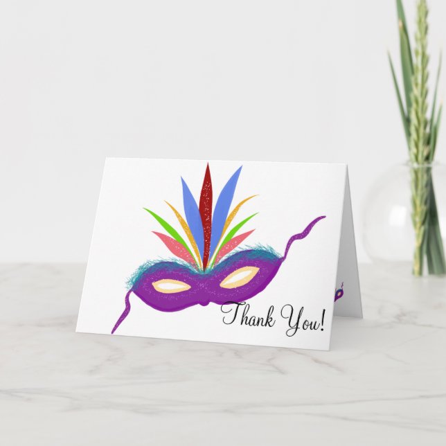 Birthday Thank You Purple Mardi Gras Mask Card (Front)
