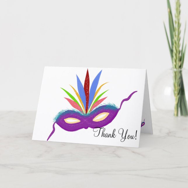 Birthday Thank You Purple Mardi Gras Mask Card (Front)