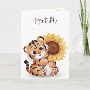 Birthday Tiger Holding a Sunflower Card