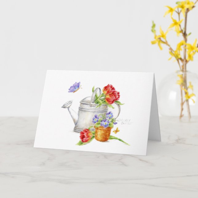Birthday Tulip Watering Can Religious Blessings Card (Yellow Flower)