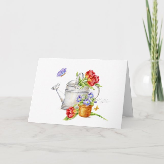 Birthday Tulip Watering Can Wishes Blessings Card (Front)