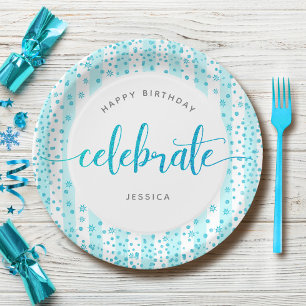 Birthday turquoise glitter modern script name chic paper plate