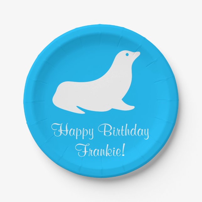 Birthday Turquoise Sea Lion 4Frankie (Name) Paper Plate (Front)