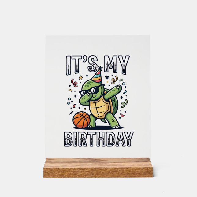 Birthday Turtle Basketball Party Vector Design_1 Acrylic Sign (Front)