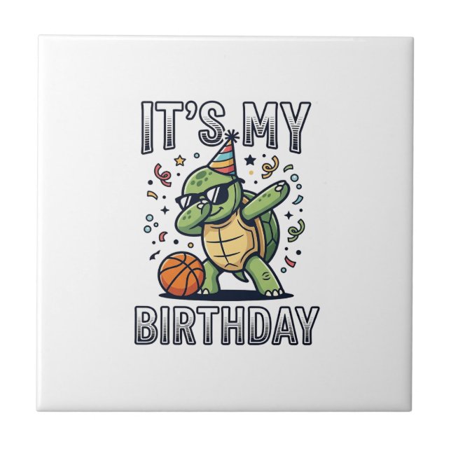 Birthday Turtle Basketball Party Vector Design_1 Ceramic Tile (Front)