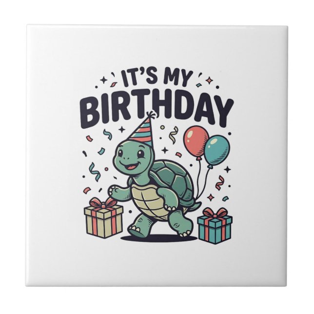 Birthday Turtle Party Vector Design_1 Ceramic Tile (Front)