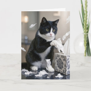 Birthday Tuxedo Cat Playing with a Tissue Box Card