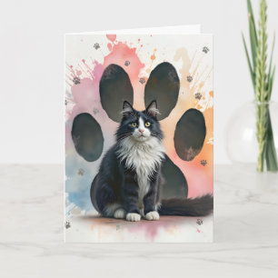 Birthday Tuxedo Cat with Paw Prints  Card