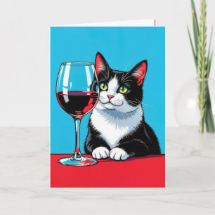 Birthday Tuxedo Cat With Red Wine Card