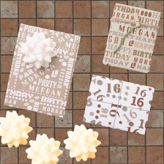 Birthday Typography Neutral Any Age Add Kids Name Wrapping Paper Sheet (Creator Uploaded)