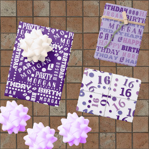 Birthday Typography Purple Any Age Add Kids Name Wrapping Paper Sheet