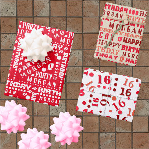 Birthday Typography Red Any Age Add Kids Name Wrapping Paper Sheet