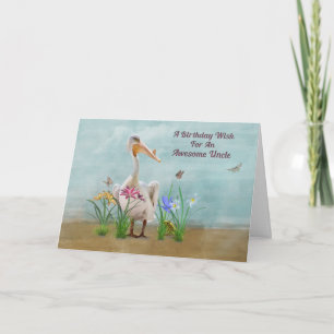 Birthday, Uncle, Pelican, Flowers and Butterflies Card