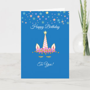 Birthday unicorn, multicolored stars & flowers car card