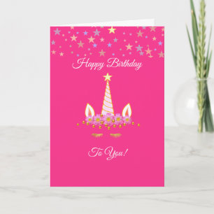 Birthday Unicorn, Multicolored Stars on Pink Card