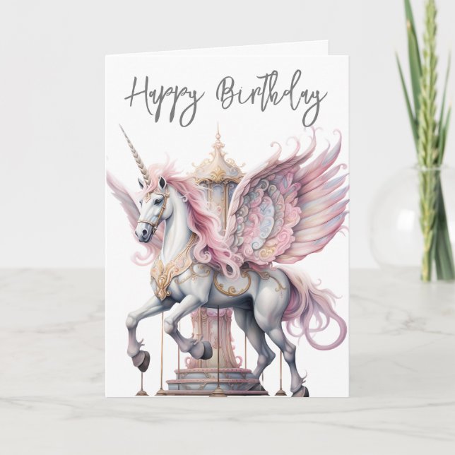 Birthday Unicorn Pegasus Carousel Horse Pink Card (Front)