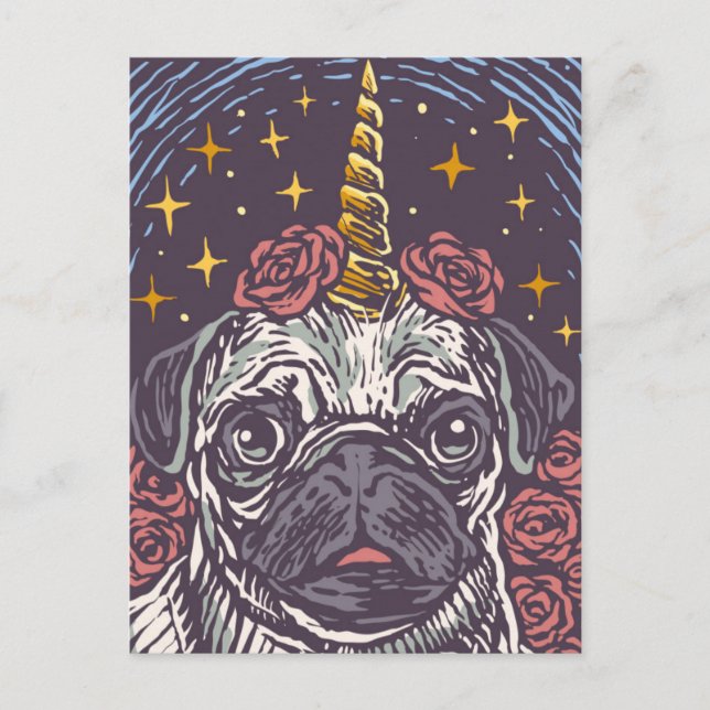 Birthday Unicorn Pug Postcard (Front)
