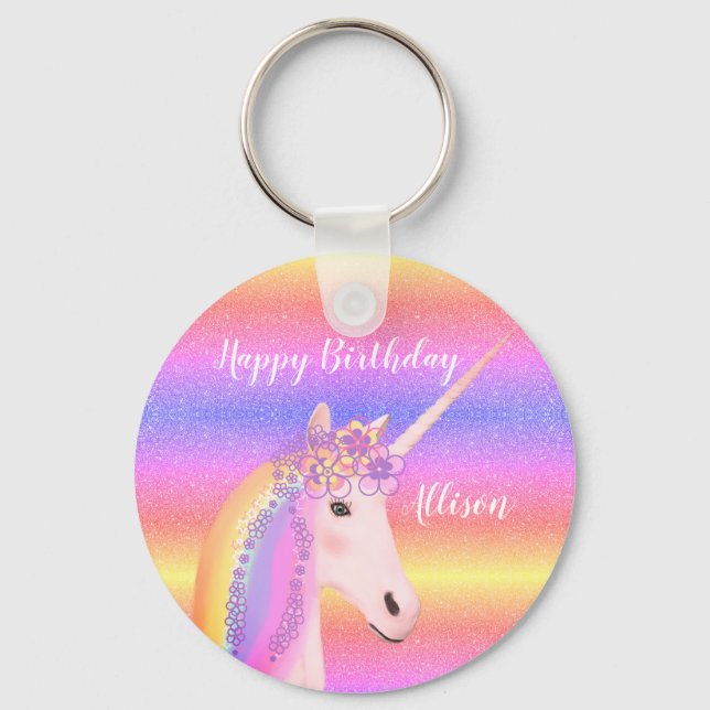 Birthday Unicorn Rainbow Glitter Personalised Key Ring (Front)