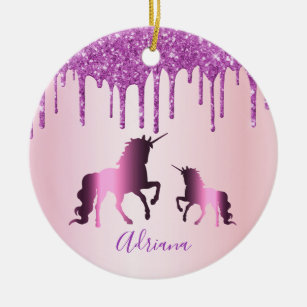 Birthday unicorns rose gold purple glitter drips ceramic ornament
