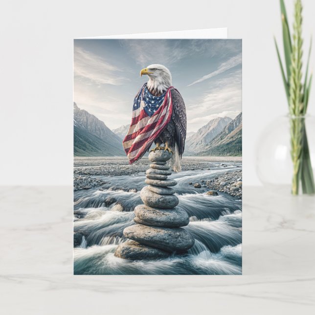 Birthday USA Bald Eagle On Cairn Card (Front)