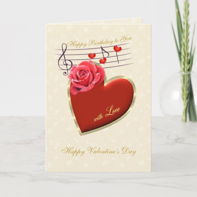 Birthday, Valentine's Day - Music, Heart and Rose Holiday Card (Front)