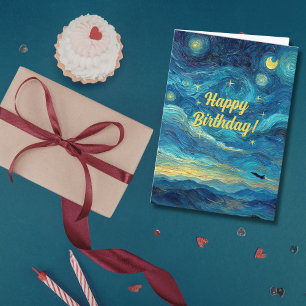 Birthday Van Gogh Jet Aeroplane Blue Clouds Fun Card