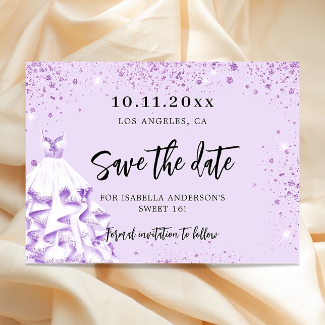 Birthday violet dress party save the date card (Creator Uploaded)